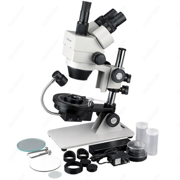 Gem Microscope Jeweler - AmScope コードレス LED 宝石用ズーム三眼実体顕微鏡 7X-90X ピラースタンド+暗視野台付き