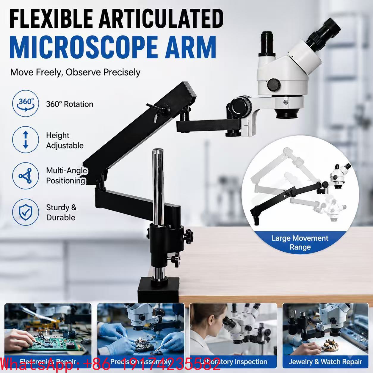 Microscope Boom Stand Articulating - 可動式アームを備えた、可動範囲の広い大型スタンド。修理や動物の外科手術に適した三眼ステレオ顕微鏡。