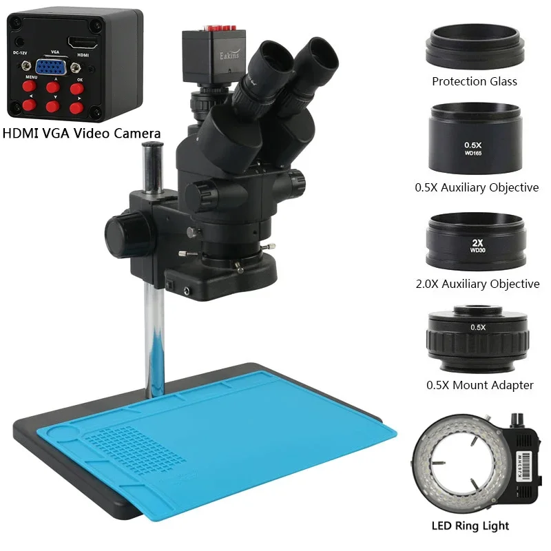 Trinocular Stereo Microscope 7X-45X - 1080P、2K、4K、VGA、HDMI、Type-C対応、ビデオカメラ内蔵、電子ズーム機能付き、7倍、3.5倍～90倍、スマートフォン修理用、実験用、三眼式ステレオ顕微鏡。