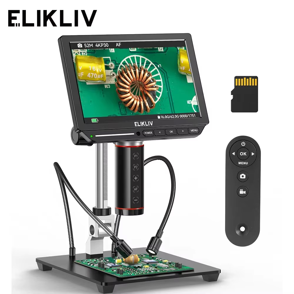 Digital Microscope 4K Hdmi 2000X - Elikliv EM4K-AF 4Kデジタル顕微鏡、オートフォーカス機能搭載、2000倍、8インチHDMI出力、電子機器修理用はんだ付け顕微鏡、10インチスタンド付き。