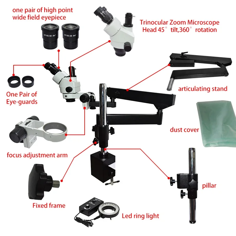 フレキシブル可動式アーム大型移動ブームスタンド三眼実体顕微鏡 - Microscope Boom Stand Articulating のレビューと価格